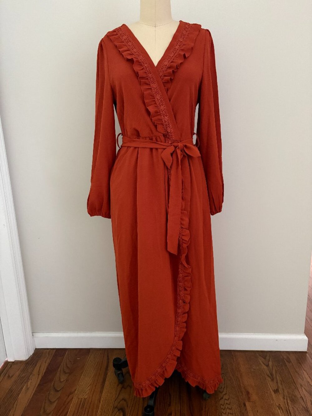 Simplee Apparel Rust Orange Long Sleeve Lace Trim Wrap Dress Cottagecore Boho M